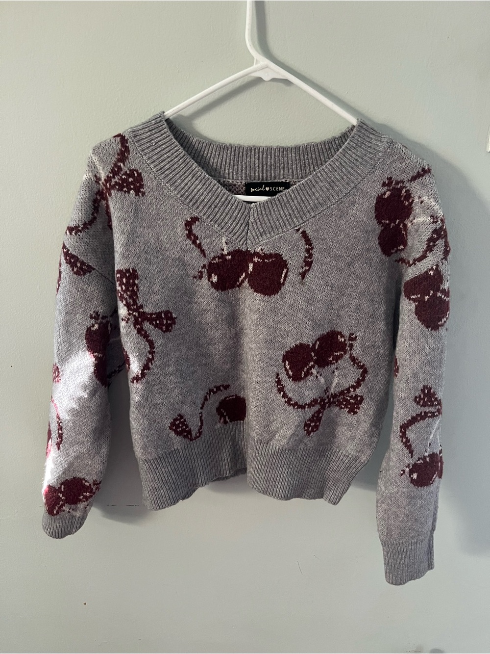 Grey V-Neck Sweater with Burgundy Cherry Motif by Lou & Grey
